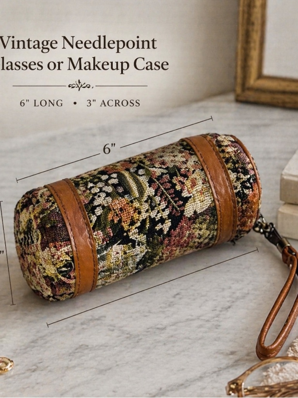 C&C California Floral Needlepoint Cylinder Cosmetic Case - Brown, Green, Black
